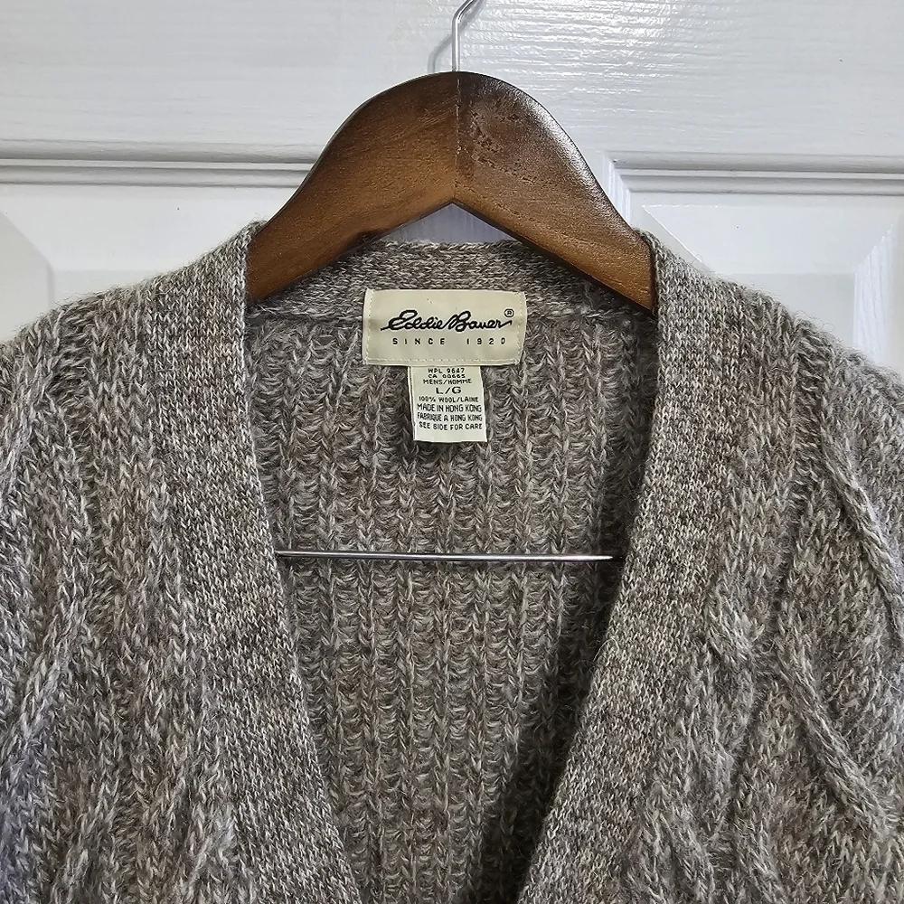 Eddie Bauer cable knit Wool Grey button cardigan size large - Picture 2 of 12